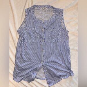 Women’s Large Blue and White Striped Button Down Sleeveless Shirt